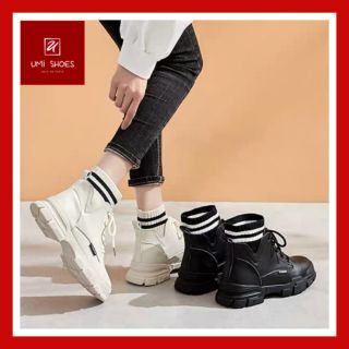Giày bốt cổ chun sọc đen trắng da mềm độn đế cao 3cm chắc chắn giá rẻ cá tính mới nhất hot ulzzang đơn giản cổ thấp xinh