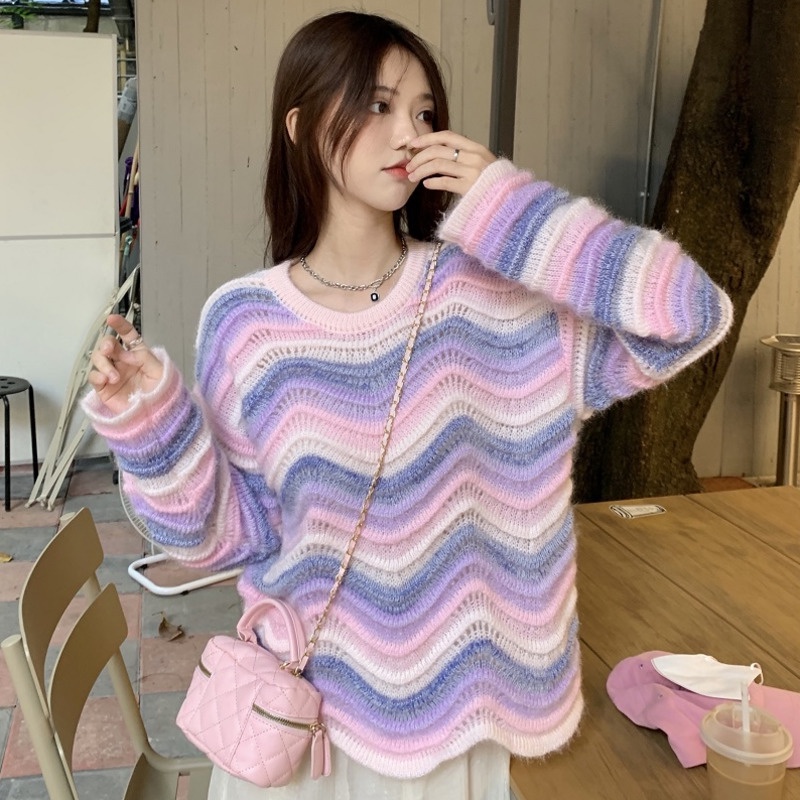 Áo Sweater Dệt Kim Tay Dài Khoét Lỗ Họa Tiết Kẻ Sọc Nhiều Màu Thời Trang Mùa Thu Phong Cách Phương T