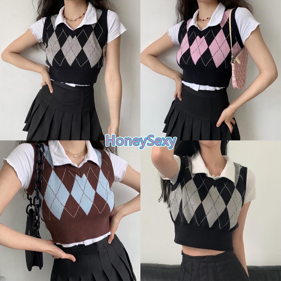 HoneySexy Nữ cổ chữ V Không tay kẻ sọc Dệt kim Hàng đầu Đơn giản Retro Thể thao Thời trang Gợi cảm