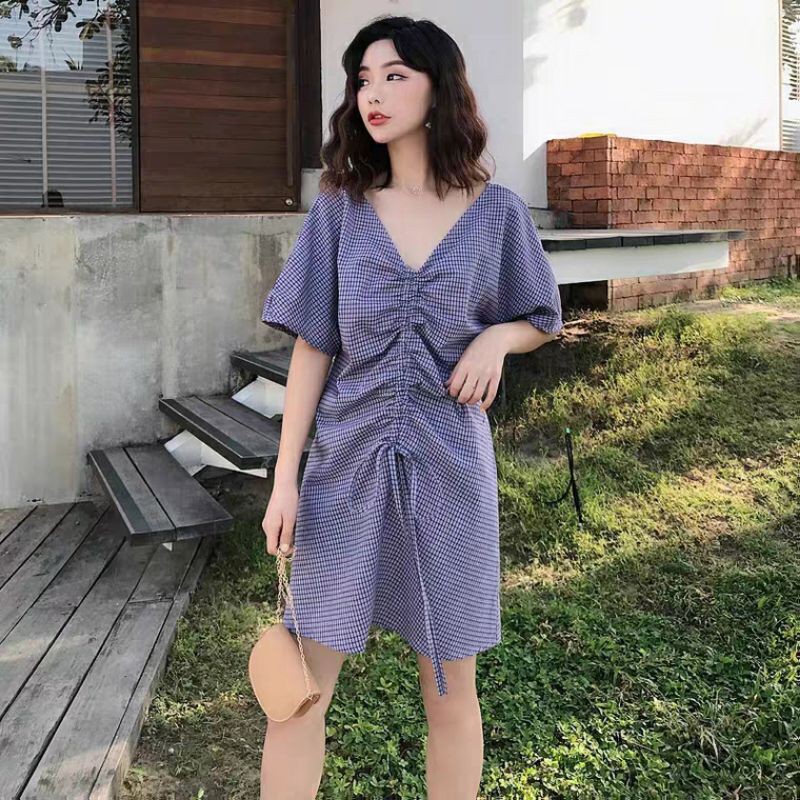 Đầm caro tím new- taobao bầu bì bon chen được