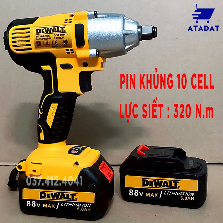 SIẾT BULONG, SIẾT ỐC, VẶN ỐC MẠNH MẼ DÙNG PIN DEWALT 88V - PIN CHUẨN 10 CELL - TẶNG 5 ĐẦU KHẨU + 1 ĐẦU CHUYỂN VÍT