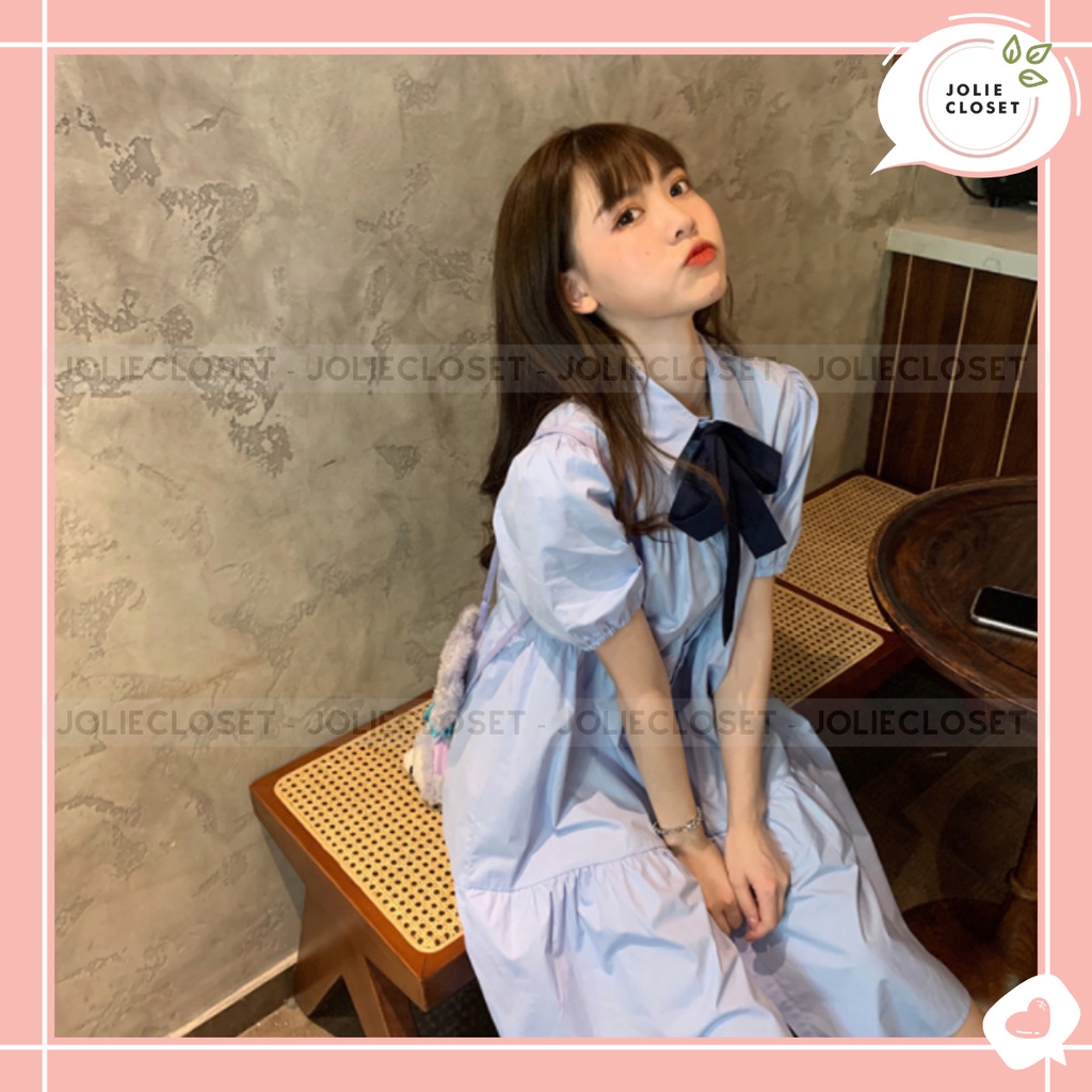 Váy babydoll tay ngắn, dáng xoè kèm nơ form rộng cổ sơ mi ulzzang, màu xanh, be, trắng phong cách Hàn Quốc dễ thương