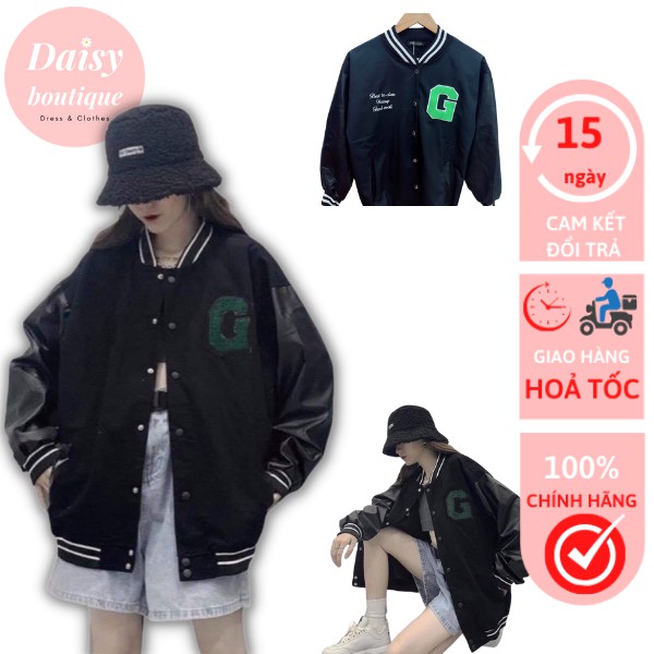 Áo Bomber Chữ G Xanh Chất Liệu Nỉ Cotton Phối Da 2 Tay Daisy Boutique