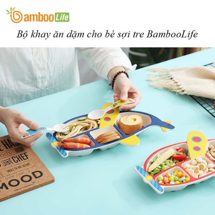 Dụng cụ ăn dặm cho bé sợi tre Bamboo Life BL07B, khay ăn dặm bộ gồm 3 món gồm thìa, dĩa, khay hình máy bay siêu xinh