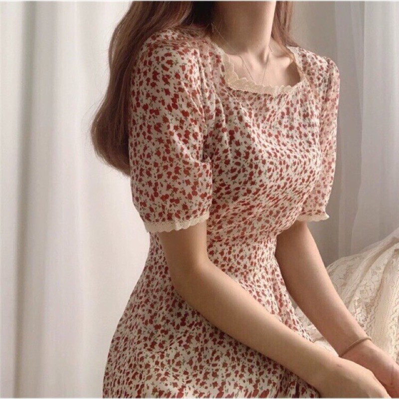 Đầm vintage - đầm hoa nhí cổ vuông dài tay | BigBuy360 - bigbuy360.vn