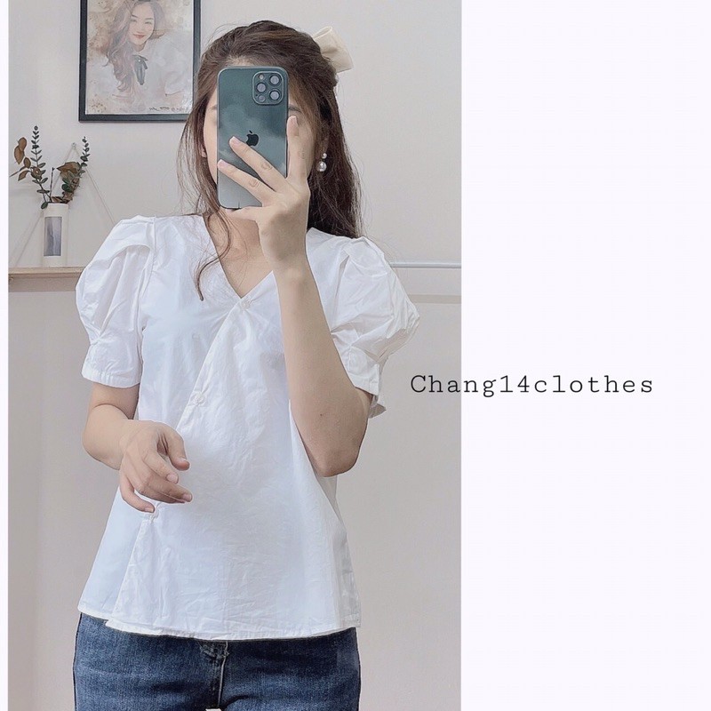 Áo sơ mi thô hàn cúc lệch tay bồng
