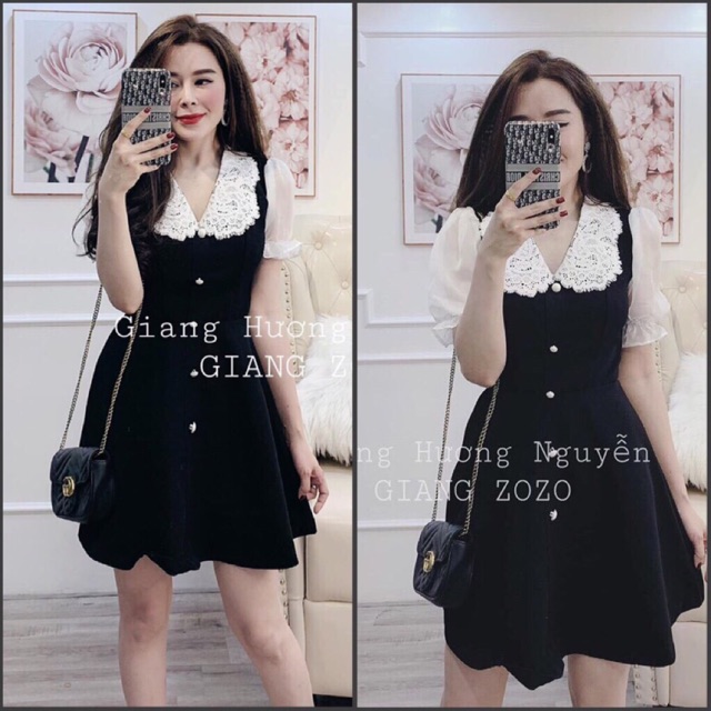 💥Đầm xòe đen cổ viền ren trắng phối nút siêu xinh MÃ 1F140652 ✔️Size : M từ 45-55kg tùy chiều cao 1m50-1m65 👉giá 220