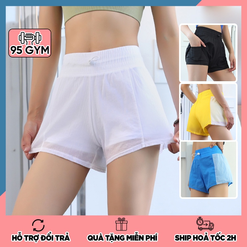 Quần tập Gym Yoga nữ 95Gym QS22 dáng đùi short thể thao chất đũi hai lớp có giây rút có túi đựng điện thoại
