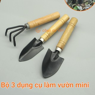 Bộ 3 món dụng cụ xẻng làm vườn mini cán gỗ
