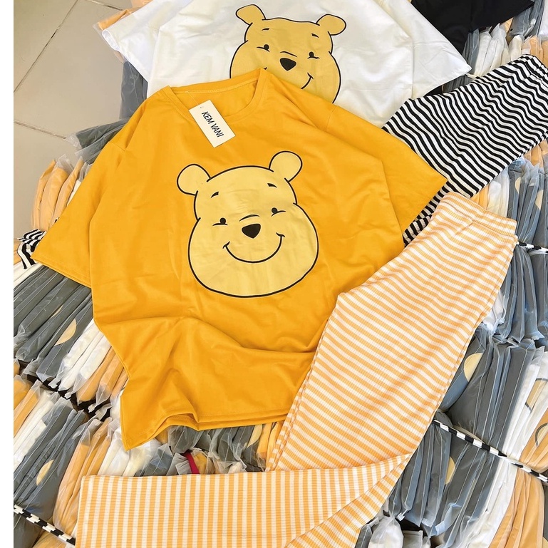 Đồ bộ nữ, set đồ bộ quần legging thun gân borip và áo thun cotton ngắn tay form rộng in gấu, đồ bộ mặc ở nhà