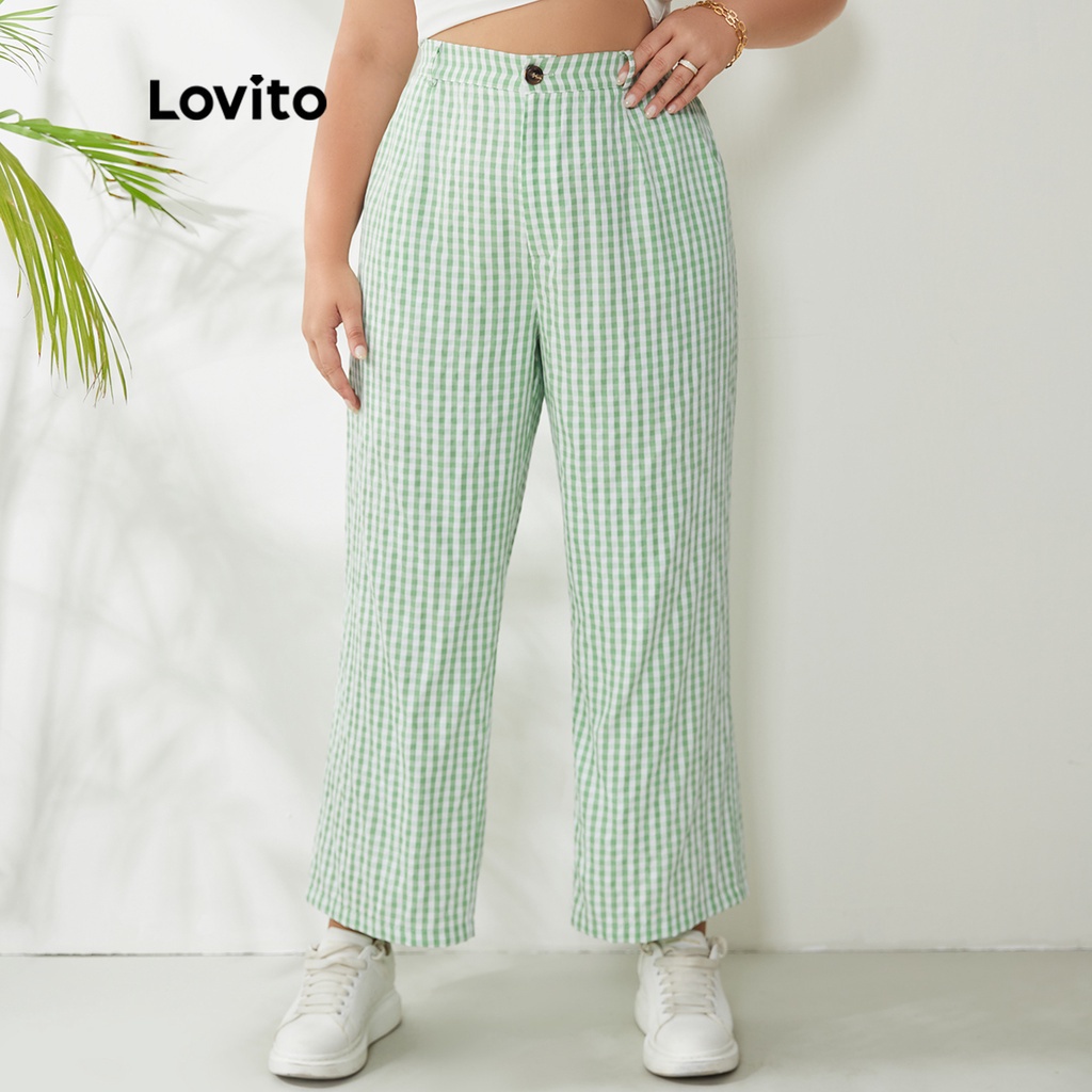 Lovito BIGSIZE Quần tây thẳng màu xanh lá cây Bình thường LPS01018 (Xanh lục)