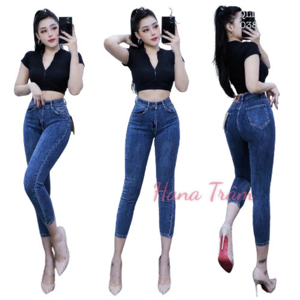 Quần jean nữ 9 tấc lỡ hàng wash xịn co giãn lưng cao suông lai