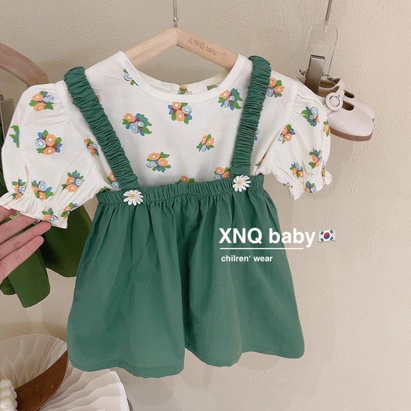Set Áo Sơ Mi Màu Trơn Và Chân Váy Yếm In Hoa Phong Cách Phương Tây Thời Trang Mùa Hè Cho Bé Gái