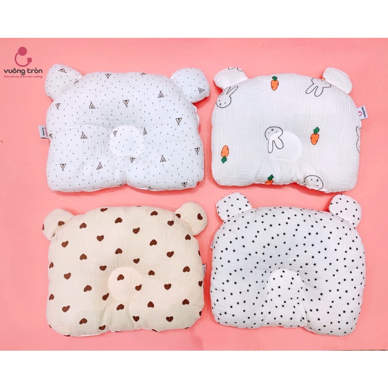 Gối lõm cao cấp Vuông Tròn vải muslin chống méo đầu, bẹt đầu, xô sợi tre bamboo an toàn cho bé yêu