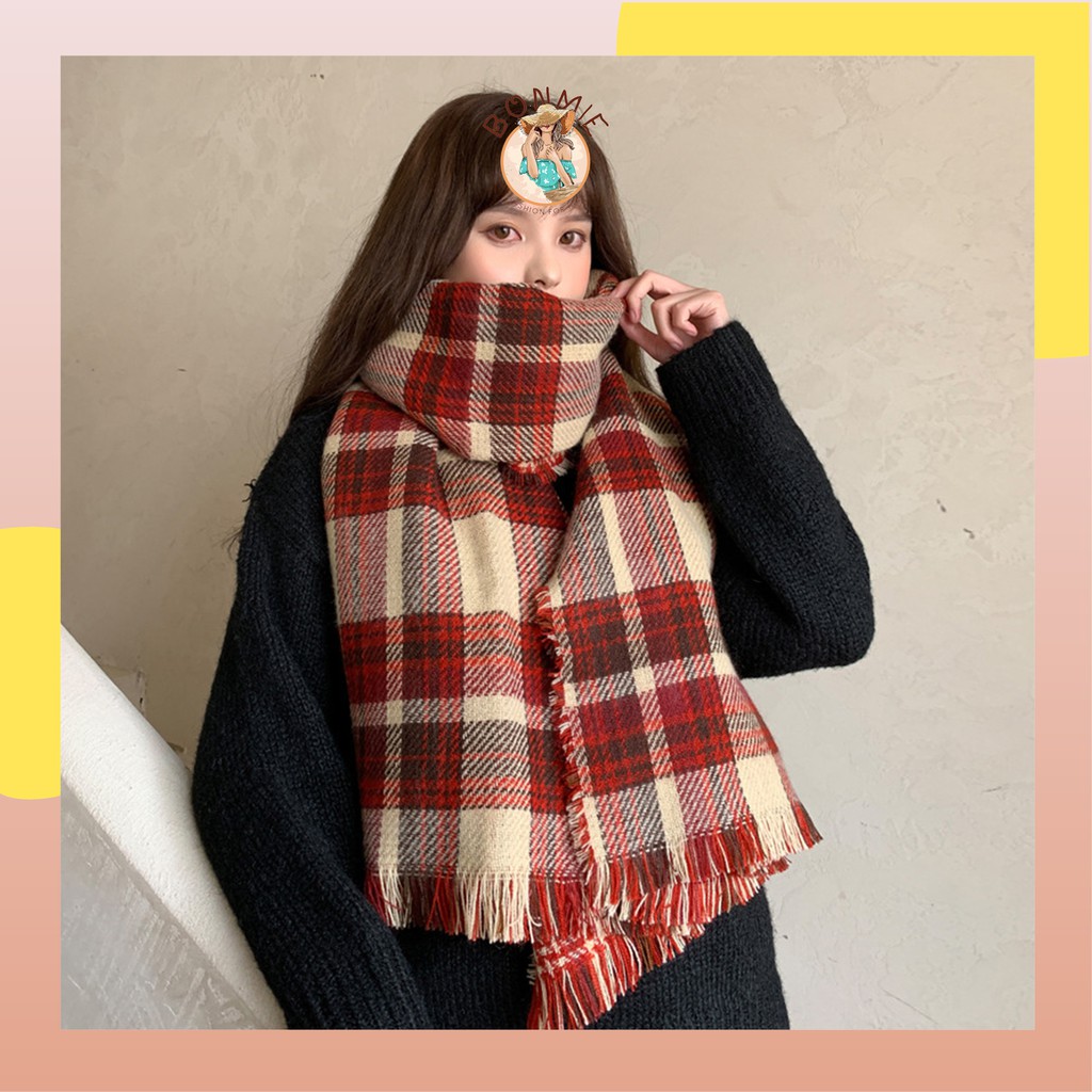 Khăn quàng cổ nam nữ chất liệu len dạ kẻ caro phong cách Vintage Hàn Quốc; Khăn kẻ 2 mặt; K04 - BONMIE