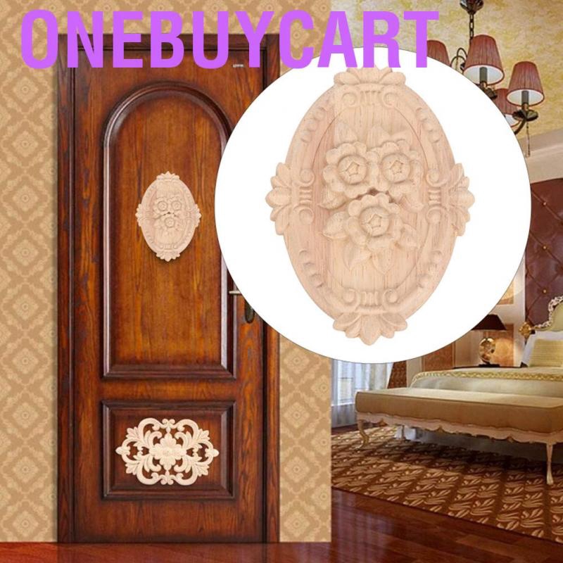 Onebuycart Inlaid Wood Applique Oval Shape Carving Decal Flower Carved Furniture Decoration for Home