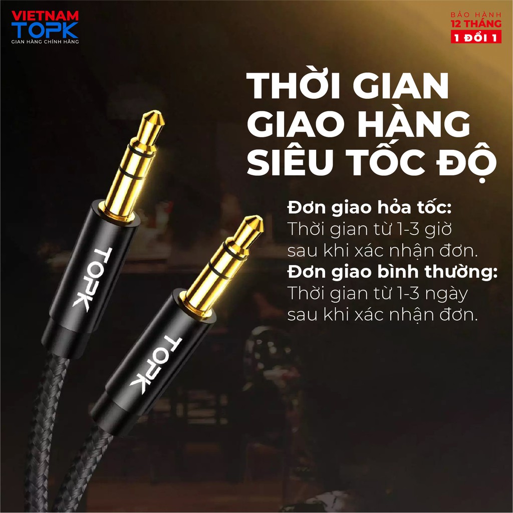 Dây Audio 3.5mm TOPK L20 2 đầu đực dạng cáp tròn mạ vàng 24K  dài 1m Hàng chính hãng - Bảo hành 12 tháng 1 đổi 1