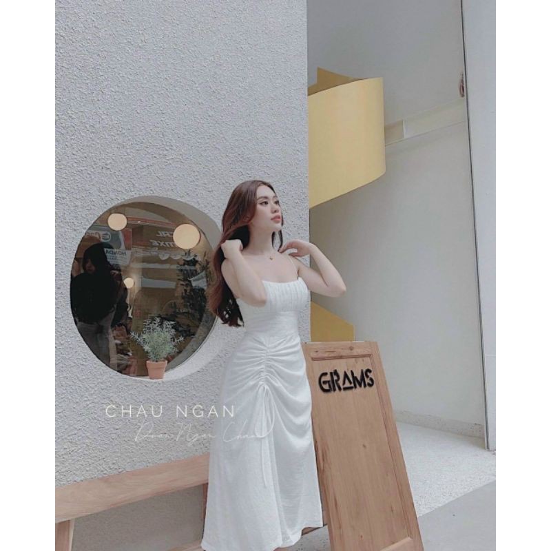 Đầm gấm xốp 2 dây rút hông