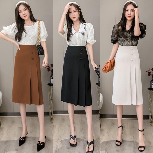 Chân Váy Chữ A xếp ly lệch dáng dài đính cúc chân váy công sở thời trang nữ