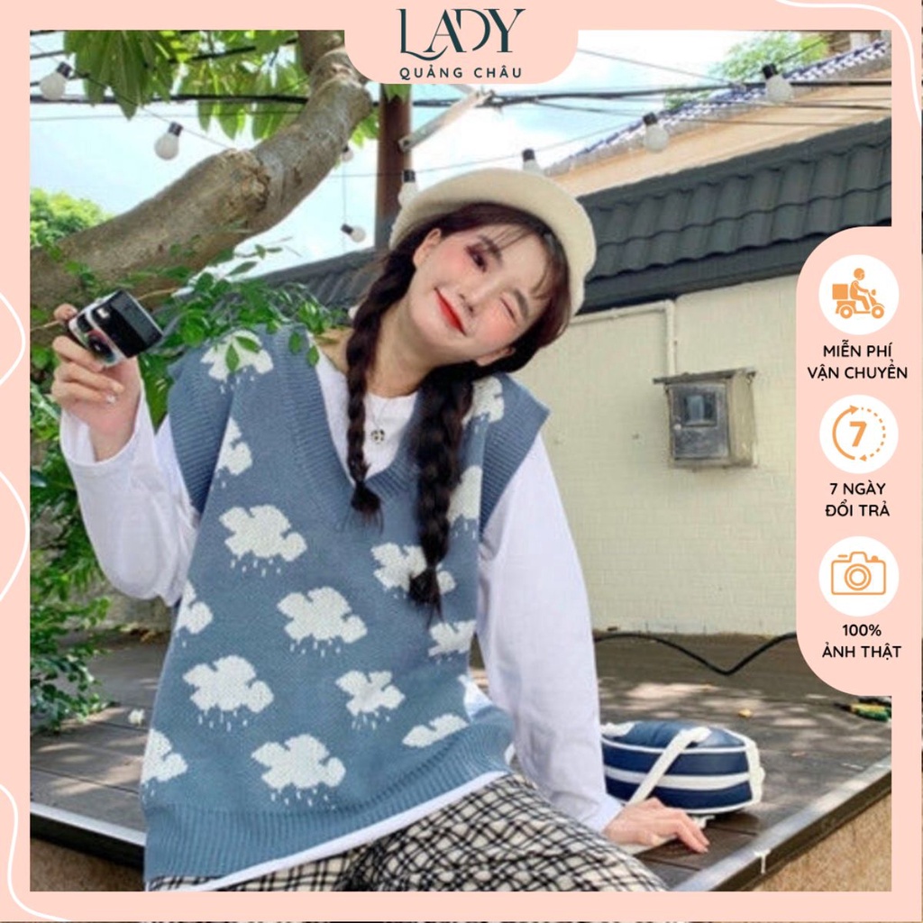Áo gile len Ulzzang, Áo Len LADY nữ kiểu hàn form rộng họa tiết phối đám mây dễ thương