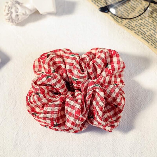 Chun cột tóc Scrunchies kẻ caro hoa quả