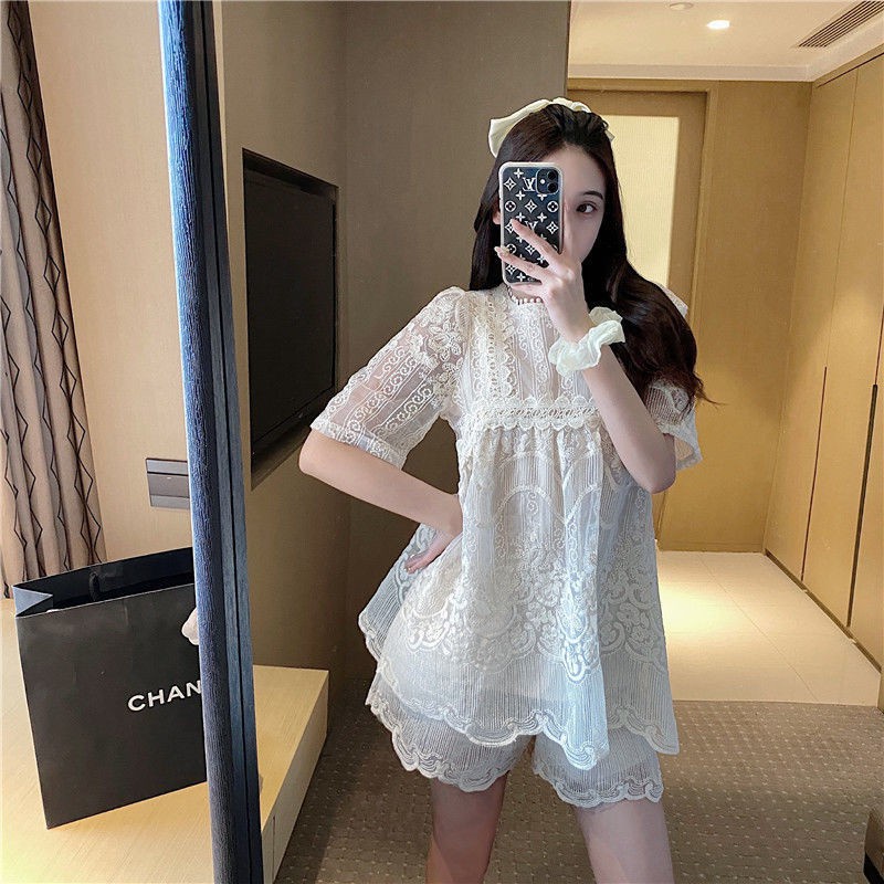 Set áo và quần ngắn phối ren phong cách retro Pháp có size lớn thời trang cho nữ