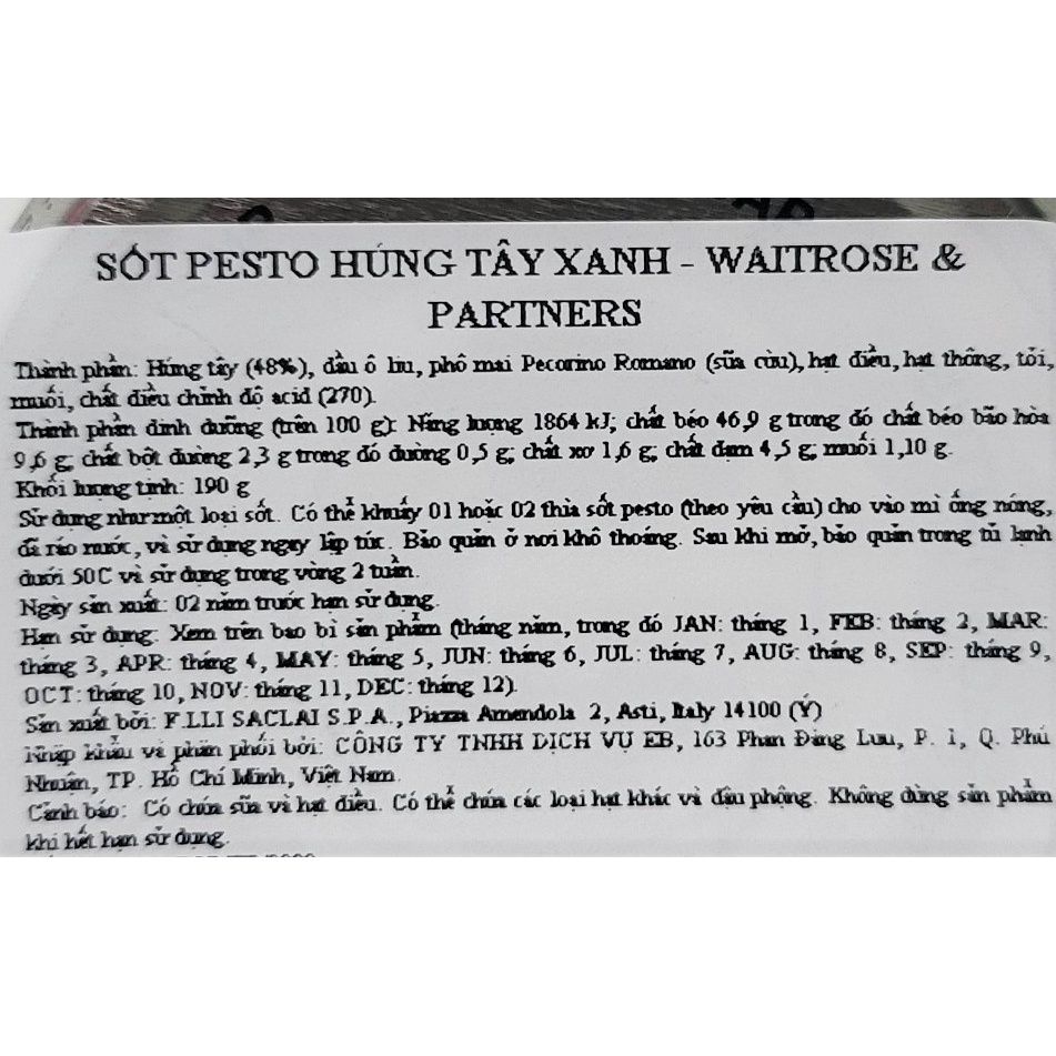 (EXP-Hạn SD 31/7/2023) [Lọ 190g] XỐT PESTO HÚNG TÂY XANH [Italia] WAITROSE Basil Pesto Sauce (atp)