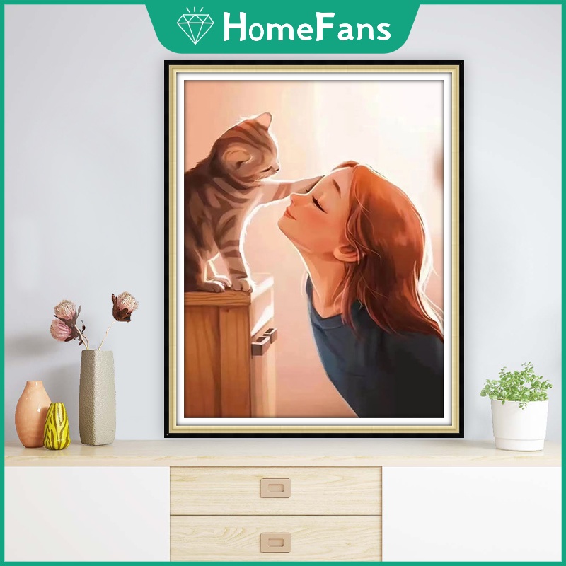 Bộ Tranh Đính Đá 5D DIY Hình Cô Gái Và Mèo Con Hoạt Hình Dễ Thương Kích Thước 30x40cm / 40x50cm Dùng Để Trang Trí Nhà Cửa