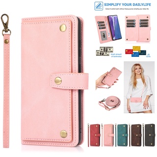 Bao da điện thoại kiểu ví nhiều ngăn chứa thẻ có dây đeo dành cho Samsung Note 20 Ultra Note10 Pro Note 9 Note 8 M11 M10