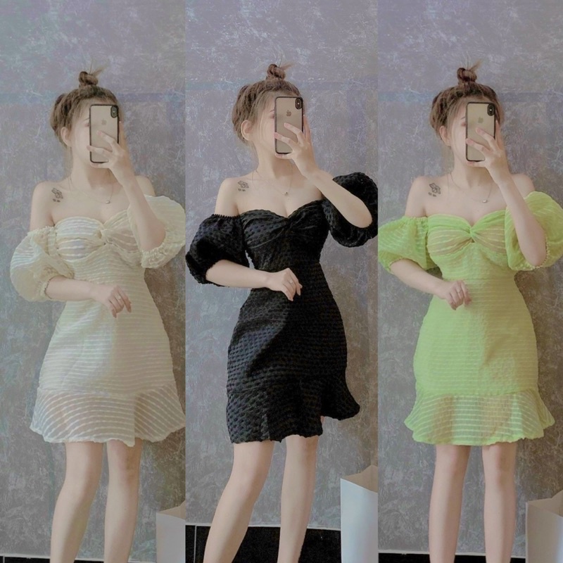 Đầm Xốp Nổi Ngang Cúp Ngực Tay Ngắn Phồng Dáng Đuôi Cá