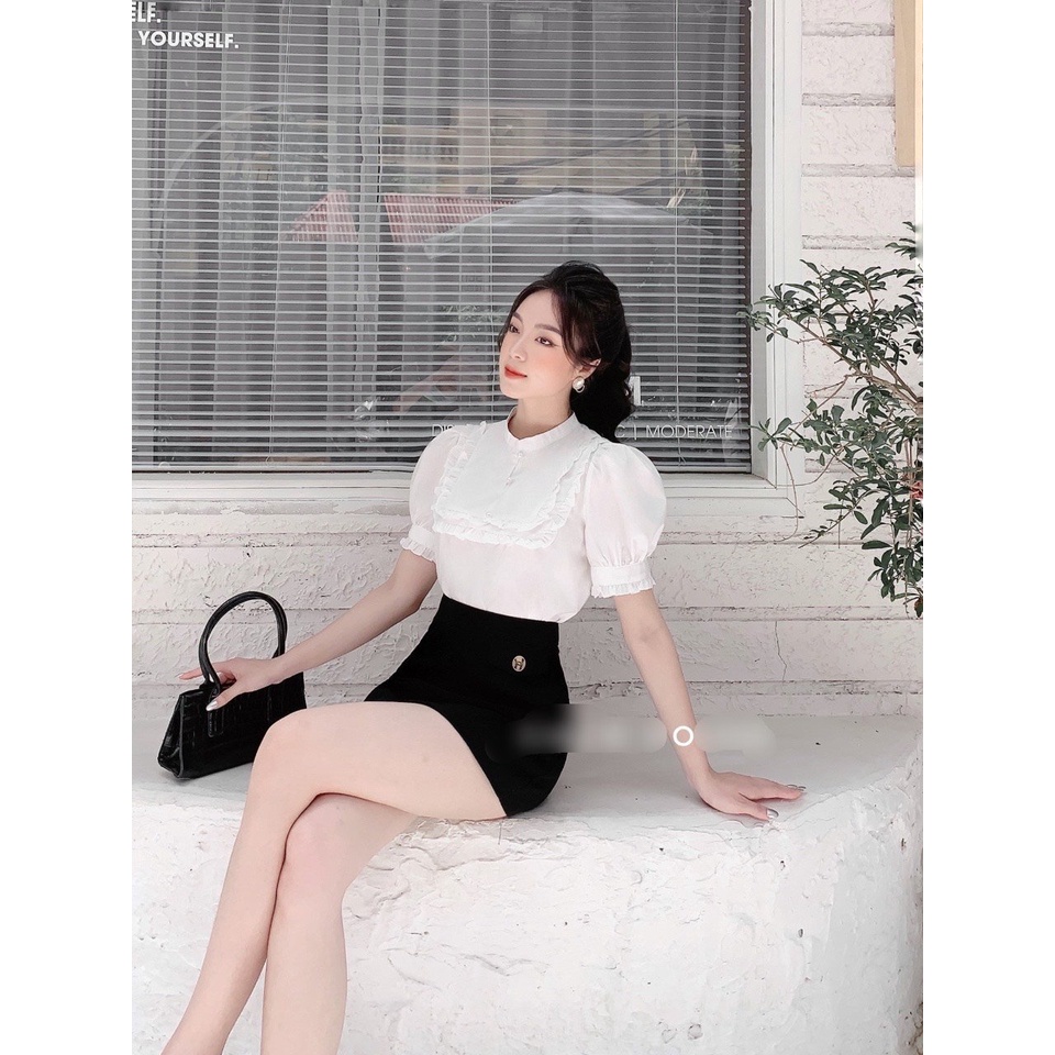 Áo sơ mi nữ trắng cộc tay Gloria Shop áo sơ mi kiểu nữ công sở cổ đức phối bèo đính cúc ngọc [SMT cộc tay]