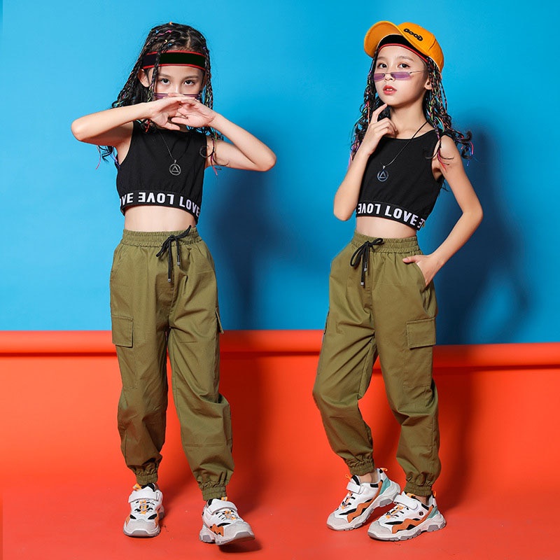 Bộ Áo Croptop Màu Đen Phối Quần Dài Kiểu Hip-Hop Thời Trang Cho Bé Gái 6 8 10 12 14 16 Tuổi