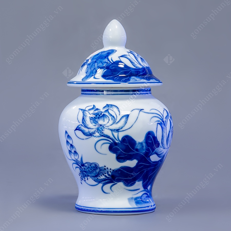 Chóe thờ men Lam trắng Trơn họa tiết  hoa sen, đồ thờ cúng Phùng Gia - Gốm sứ Bát Tràng cao cấp