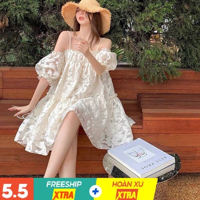 Đầm BabyDoll Chất Vải Lưới Mây Phối Tay Bồng