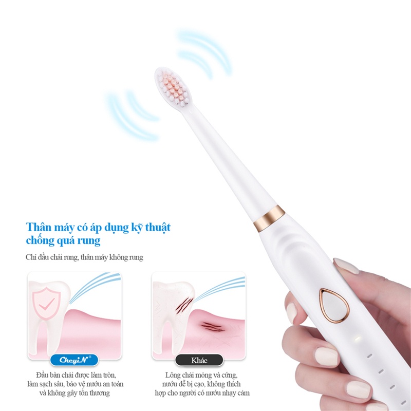 Bàn chải đánh răng điện làm trắng siêu âm sáu mảnh với 5 đầu bàn chải- tặng kèm 1 đầu rửa mặt