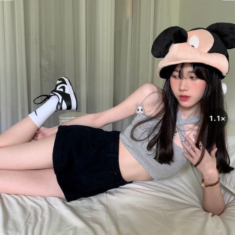 Quần Short Denim Màu Đen Ống Rộng Lưng Cao Thời Trang Mùa Hè Cho Nữ