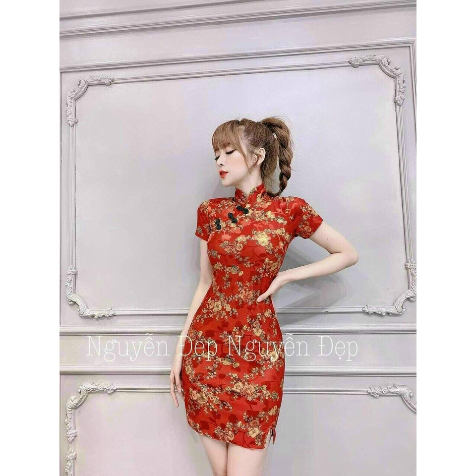 Đâm Body ⚡𝙎𝙄𝙀̂𝙐 𝙎𝘼𝙇𝙀⚡ Đầm Body Sườn Xám in Hoa Xìn Xò, Chất Thun Dẻo Mặc Mát Co Dãn Tốt - 80064