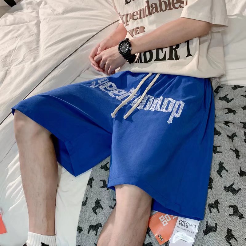 Quần Short Thể Thao Ống Rộng Màu Trơn Phối Dây Rút In Chữ Thời Trang Hàn Quốc Cho Nam