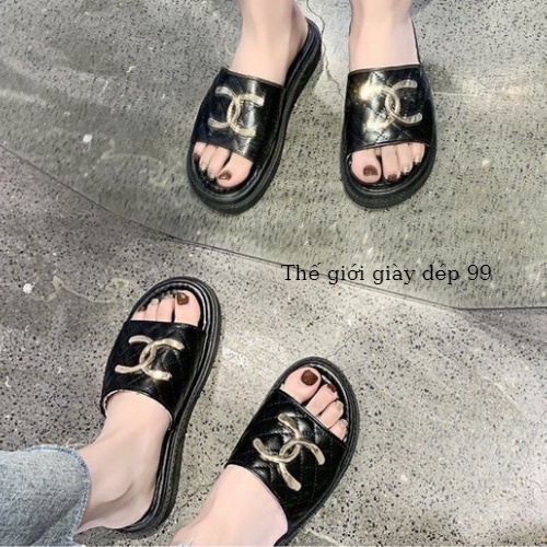 Dép nữ chaner quai ngang đế cao 5cm siêu nhẹ có 2 màu đen và trắng xinh xắn