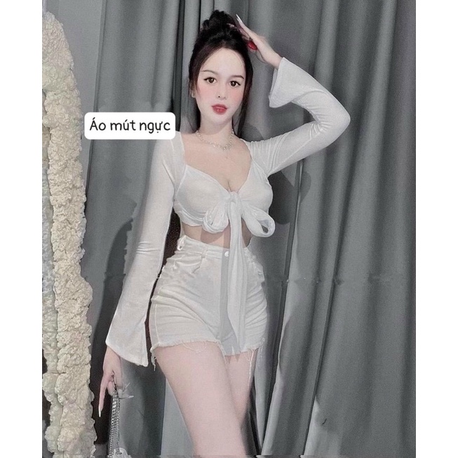 Áo tay loe croptop cột nơ có mút (mặc 2 kiểu) - S0A
