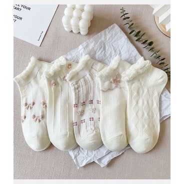 Vớ tất cổ ngắn trắng kem Lolita xoăn icon nơ nâu