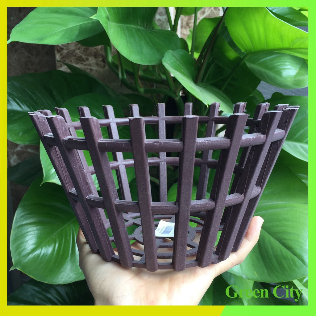 Chậu nhựa giả gỗ trồng lan - Rọ tròn 2T6  - Green City