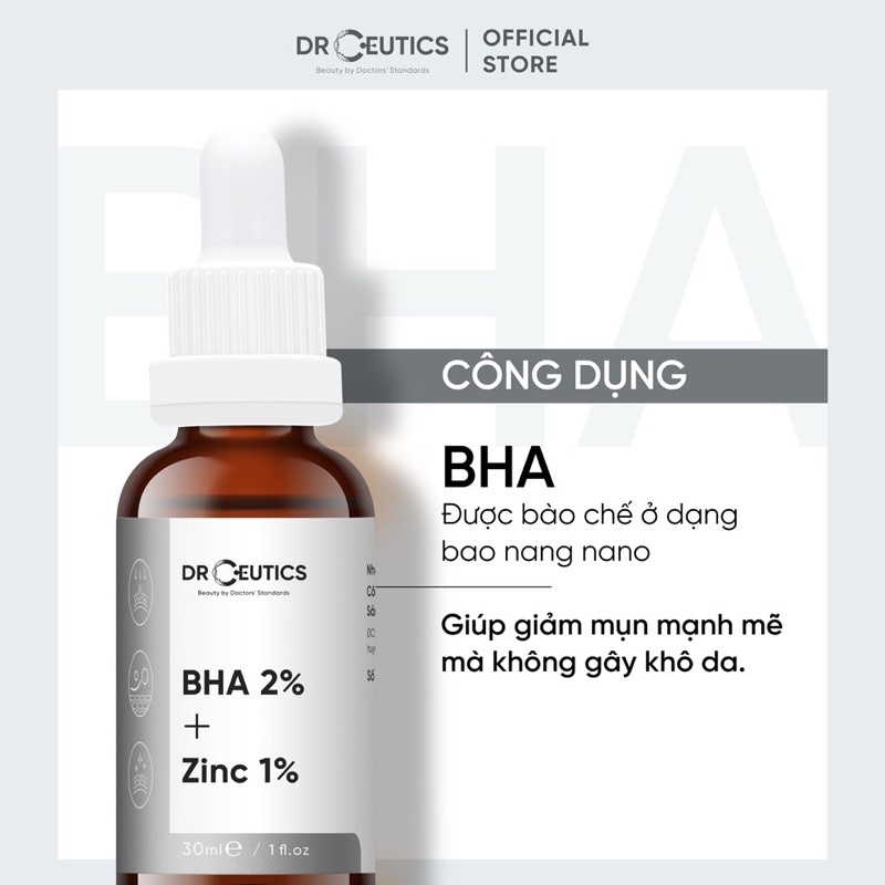 Serum DRCEUTICS giảm mụn và phục hồi da sau mụn BHA 2%+ZINC 1%