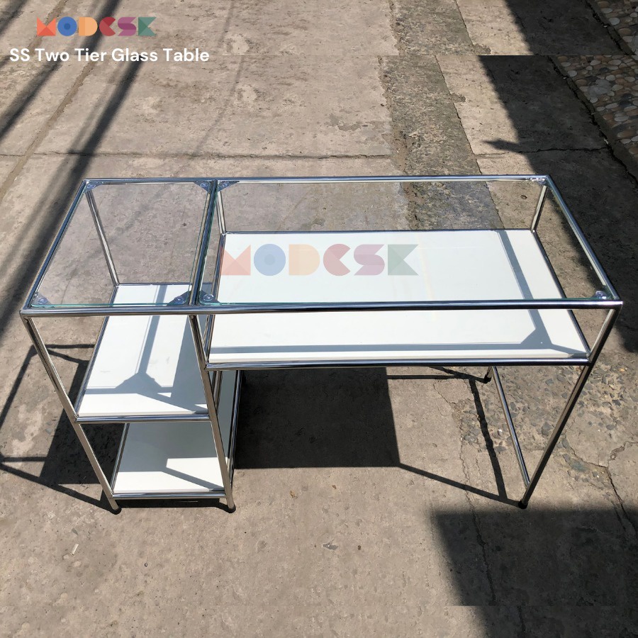 Bàn Studio làm lviệc Modesk SS Two Tier Glass Table khung inox 304, ván MFC An Cường, kính cường lực