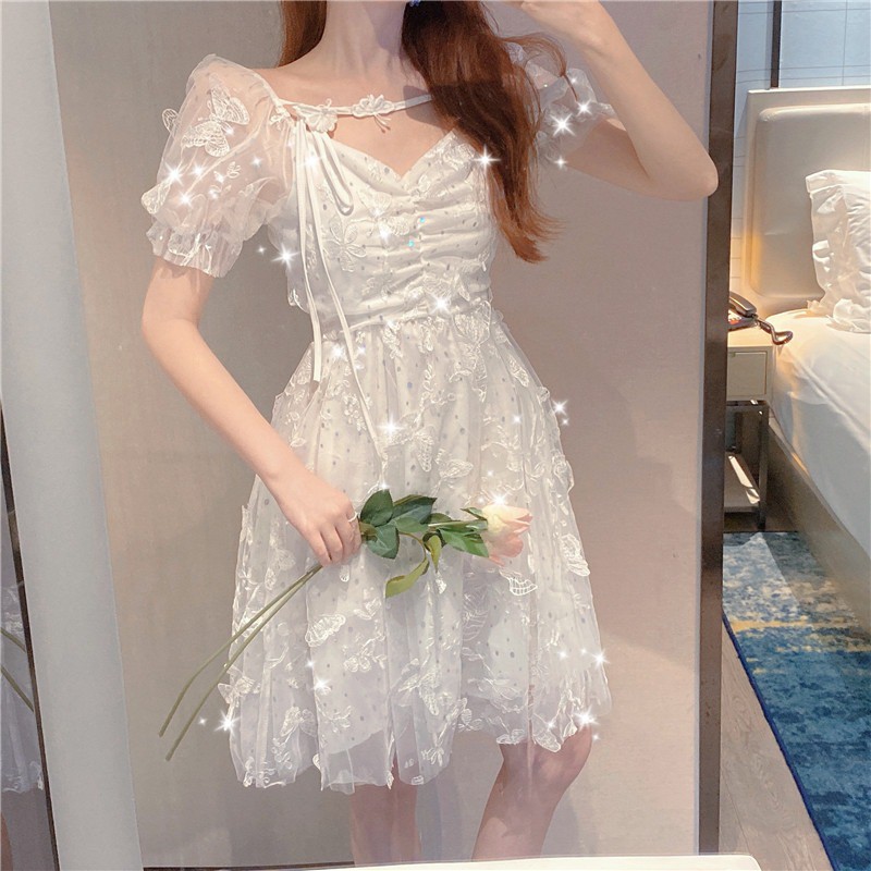 🌸Hàng Quảng Châu🌸Váy Công Chúa Thêu Bướm Tay Ren Nhẹ Nhàng Nữ Tính🌸 Váy Thiết Kế