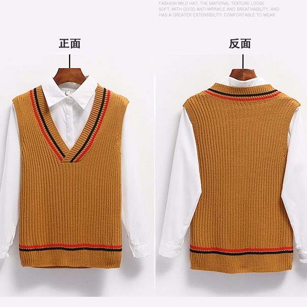 Áo len không tay cổ V phối sọc dáng rộng thời trang Hàn Quốc cho nữ sinh | BigBuy360 - bigbuy360.vn