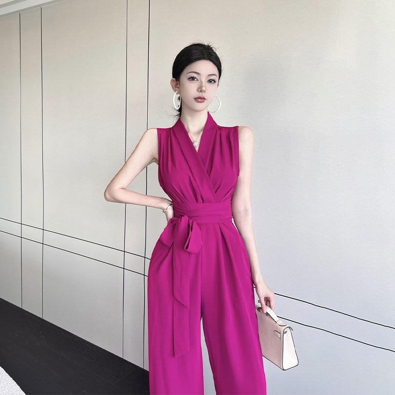 (Spot Quick Hair) Bộ đồ liền quần Áo liền quần màu đen Bộ đồ liền quần bằng vải voan Áo liền quần không tay Áo liền quần có tay 2022 Thời trang mùa hè Retro Mới gợi cảm cổ chữ V mỏng eo cao Một mảnh quần ống rộng