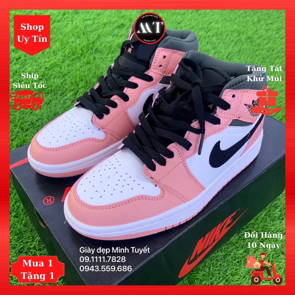 Giày Jordan1 Hồng nhạt trắng cổ Mid sneaker nữ đẹp cao cấp, giày bóng rổ thể thao thời trang hot trend, Shop uy tín