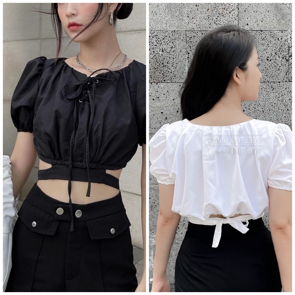 Áo croptop nữ tay ngắn có dây cột eo mắt cáo đan ngực cho nàng cá tính DG4247