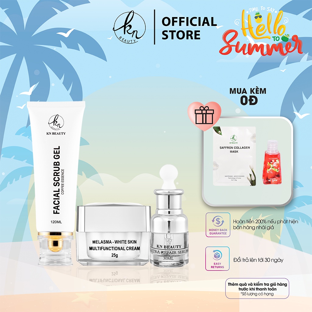 Bộ 3 Trắng Da Ngừa Nám KN Beauty : Kem dưỡng 25g + Serum 30ml+ Tẩy tế bào chết 120ml ( tặng mặt nạ saffron+ gel rửa tay)